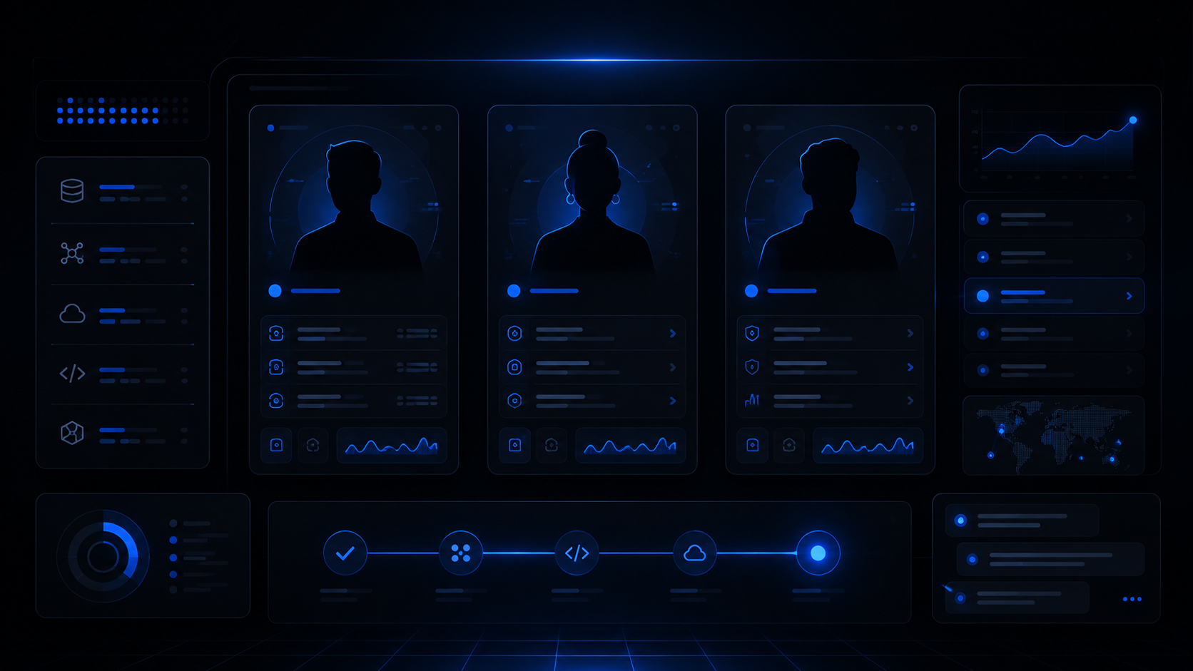 Operations dashboard with three expert role cards and support system context panels