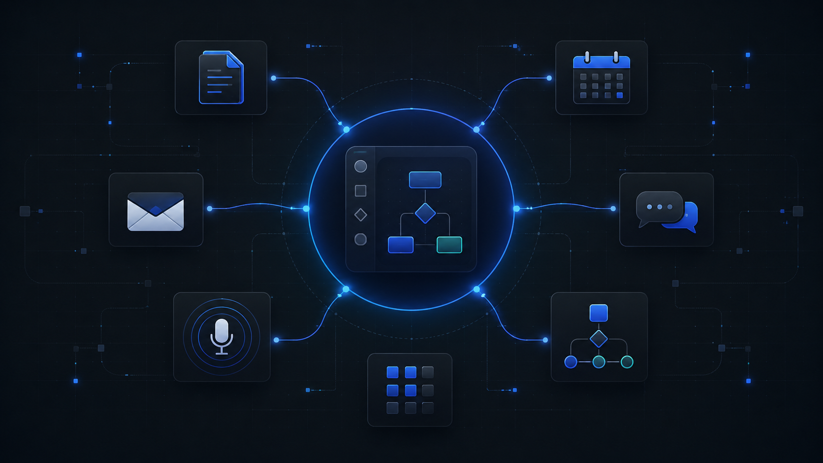 Central AI workspace connected to documents, calendar, email, chat, voice, apps, and automation tools