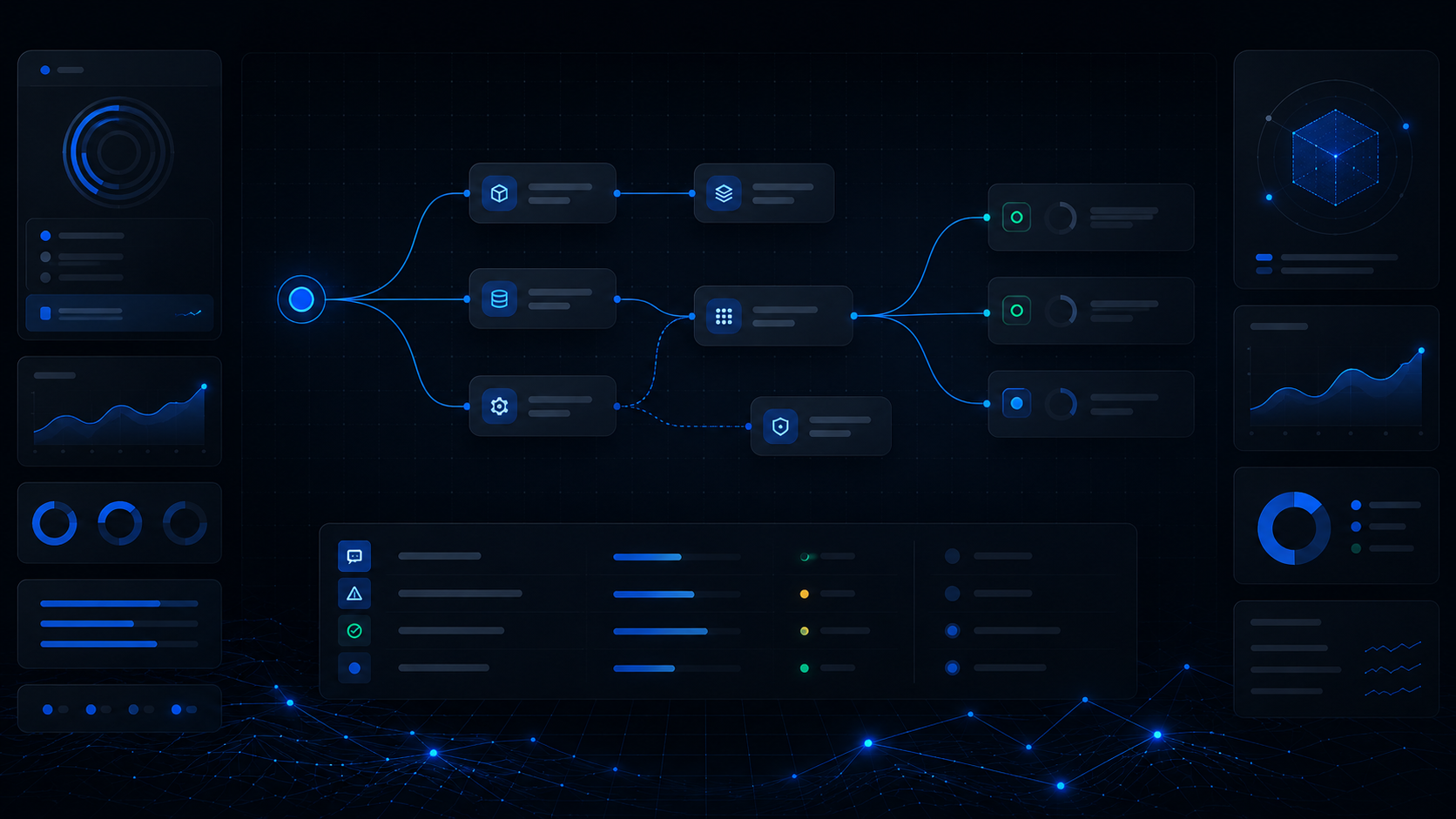 Abstract AI operations command center dashboard with connected workflows, status panels, and system health indicators