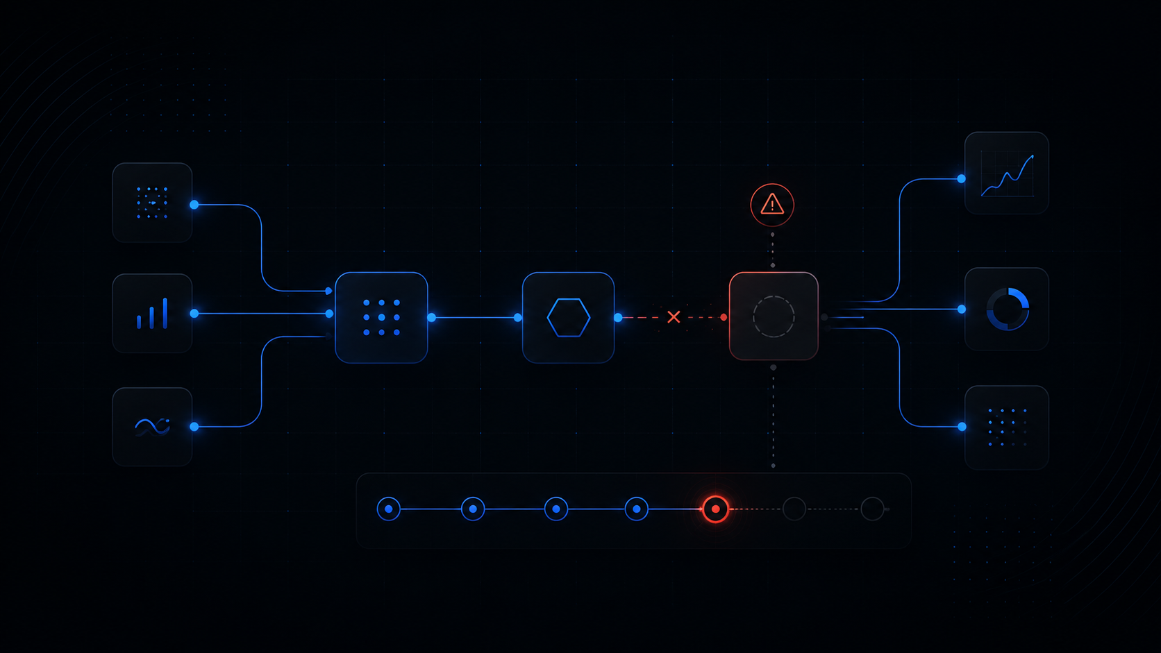 Abstract workflow diagram showing a broken connector, warning state, and stopped automation