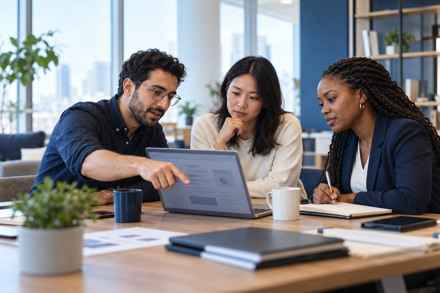 Illustration of colleagues testing and discussing a practical AI workflow.